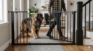 Illustration of a swing-through dog gate with no bottom bar to prevent tripping in high-traffic hallways.