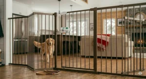 Extra tall dog gate for open floor plan houses designed to contain large breeds common in Canada, like Huskies and Labs.