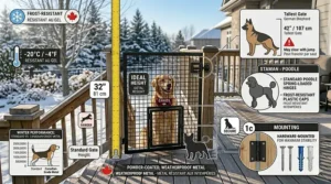 Height thresholds infographic contrasting ideal gate height with typical jumping capabilities of large Canadian breeds like German Shepherds and standard Poodles when secured by an outdoor dog gate for deck stairs.