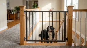 Illustration of a hardware mounted dog gate for large dogs safely secured to banisters at the top of a flight of stairs.