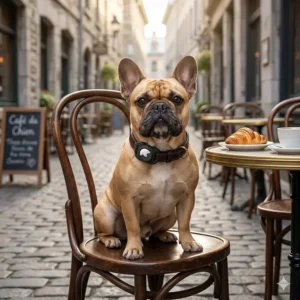 A French Bulldog sitting at a Montreal café wearing a sleek, secure Apple AirTag dog collar holder.