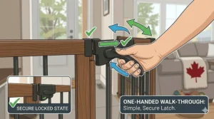Technical illustration of the one-handed walk-through latch mechanism on a secure pressure mounted dog gate.
