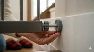 Safety illustration of rubberized wall cups preventing damage to paint and baseboards during gate mounting.