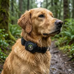 Close-up of a waterproof Apple AirTag dog collar holder designed for rainy Vancouver weather and muddy trails.