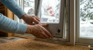 Front view of a person locking the insulated security panel into place on a Canadian weather-rated dog door frame to block winter drafts.