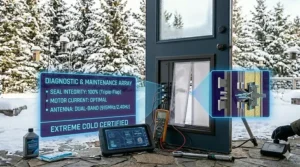 Illustration demonstrating how heavy-duty magnetic seals on a weather-resistant dog door withstand intense Canadian prairie winter winds.
