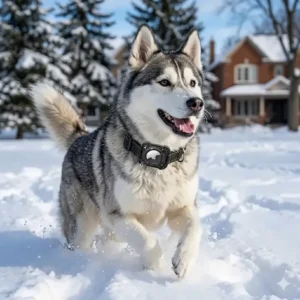 A Husky playing in deep Ottawa snow with a frost-resistant Apple AirTag dog collar holder clearly visible.