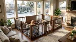 Large indoor dog pen providing a safe space for multiple dogs in a Canadian home.
