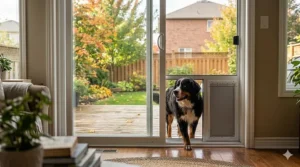 Custom-fit dog door for sliding glass door in a Canadian patio. Porte pour chien sur mesure pour terrasse.