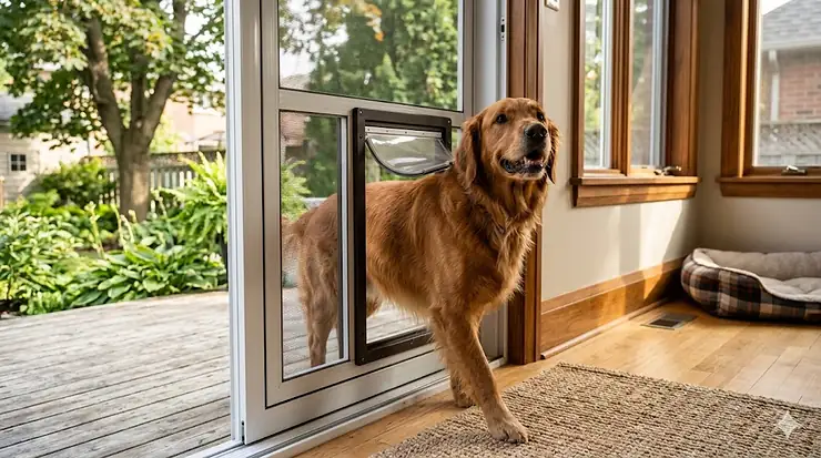 Golden Retriever entering a home through a durable dog door for screen door in a patio setting.