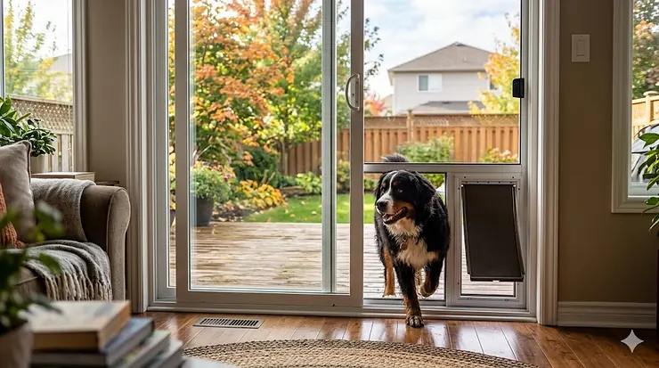 Dog door for sliding glass door installed in a Canadian home. Porte pour chien sur porte coulissante.