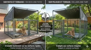 A split-screen illustration demonstrating the versatility of an outdoor dog pen with shade cover as it is installed on both a wooden deck and backyard lawn, highlighting the multi-surface anchoring system.