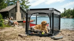 Secure portable dog pen keeping pets safe at the beach cottage.