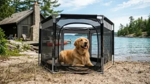 Easy setup of a portable dog pen at a Canadian beach cottage.
