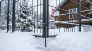 A macro view of the dog playpen’s anchoring system, featuring a corkscrew ground anchor and tensioning turnbuckle for stability.