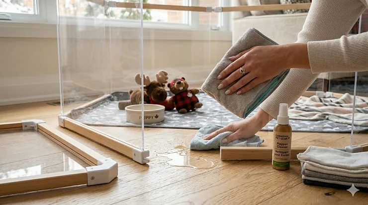 Dog playpen set up on a Canadian home's hardwood floor.