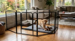 Close-up of non-slip rubber feet on a dog playpen protecting hardwood.