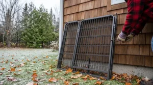 A wide view of the fully assembled outdoor dog playpen in a sunny Canadian garden, featuring the golden retriever and an integrated bowl feeder.