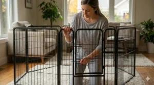 Secure locking door on a metal dog playpen for hardwood floors.