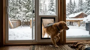A happy dog stepping outside into a snow-covered yard through a winter-ready dog door.