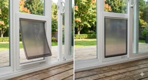 Durable aluminum frame dog door for sliding glass door. Châssis en aluminium durable pour porte coulissante.