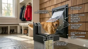 Detail of the heavy-duty aluminum frame and locking mechanism for an in-wall dog door.