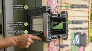 Close-up of a weather-resistant frame for a large dog door.