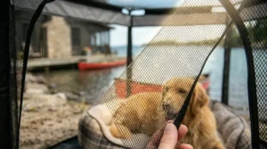 Durable mesh walls of a portable dog pen for outdoor use.