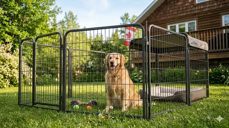 A golden retriever sitting inside a sturdy outdoor dog playpen set up in a Canadian backyard, with a log cabin and Canadian flag in the background. outdoor dog playpen Canada weather