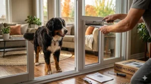 Simple DIY installation of a dog door for sliding glass door. Installation facile de porte pour chien.