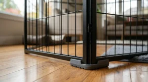 A person easily assembling a dog playpen for hardwood floors.