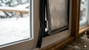 Infographic showing heat retention benefits of an insulated sliding glass dog door.