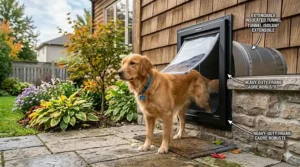 Cross-section showing the energy-efficient tunnel of a wall-mounted dog door for thick walls.
