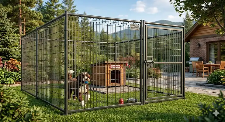 Escape proof outdoor dog pen in a Canadian backyard. / Enclos extérieur pour chien à l’épreuve des fugues dans une cour canadienne.