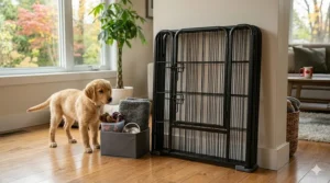 Foldable dog playpen for hardwood floors being stored away.