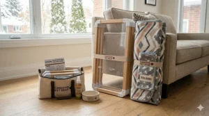 A compact, folding indoor dog playpen for puppies in a storage position.