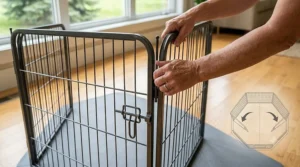 Easy folding mechanism for a heavy-duty dog playpen suitable for large breeds.