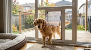 Golden Retriever using a pet panel dog door for sliding glass door. Chien utilisant une porte coulissante.