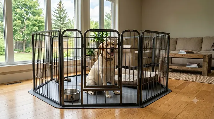 Sturdy, heavy-duty dog playpen for large breeds in a spacious Canadian home.
