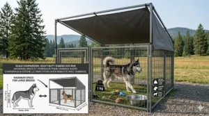 A photorealistic scale comparison illustration of a heavy-duty outdoor dog pen with shade cover, showing a Husky inside and providing size specifications for various large breeds.