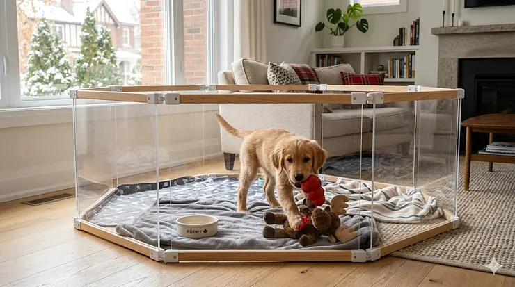A puppy relaxing inside a safe indoor dog playpen for puppies in a Canadian home.