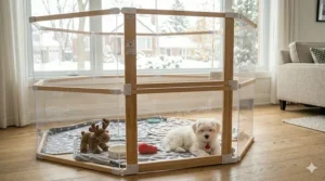 A small dog comfortably resting in an indoor dog playpen.