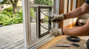 Step-by-step guide showing how to install a dog door for screen door on a mesh patio frame.