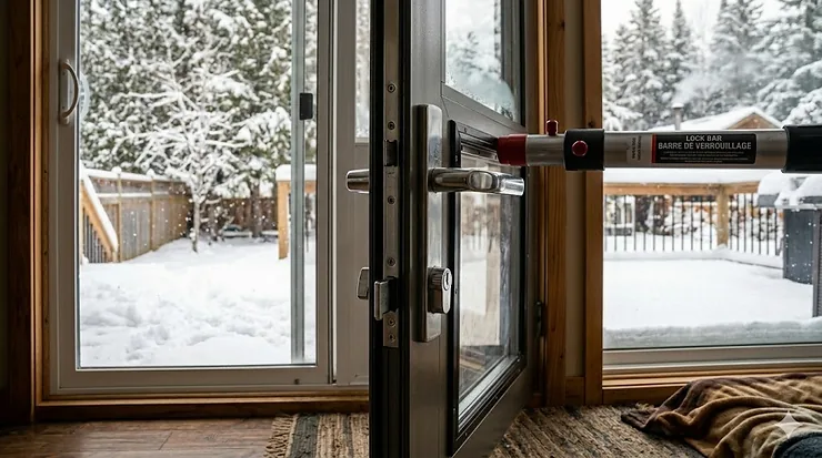 A dog passing through a high-performance, insulated sliding glass dog door during a snowy Canadian winter. insulated sliding glass dog door winter