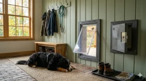 Interior perspective of a dog door installed in a residential mudroom.