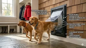 Interior view of a sleek wall-mounted pet door blending into a modern home's baseboard area.