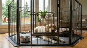 A large breed dog resting comfortably inside a spacious, heavy-duty dog playpen.