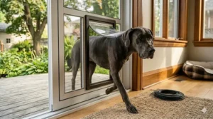 Large breed dog comfortably walking through a wide-opening dog door for screen door.