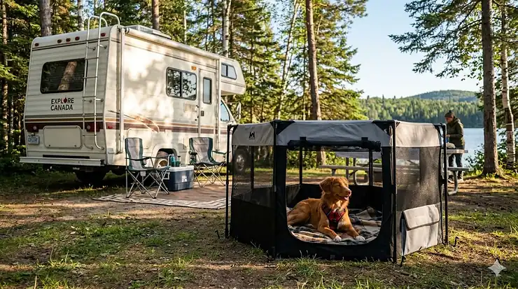 Happy dog inside a portable lightweight dog playpen at a scenic Canadian campsite. lightweight dog playpen for RV camping