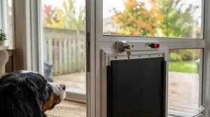 Close-up of locking mechanism on dog door for sliding glass door. Verrou de sécurité sur porte pour chien.